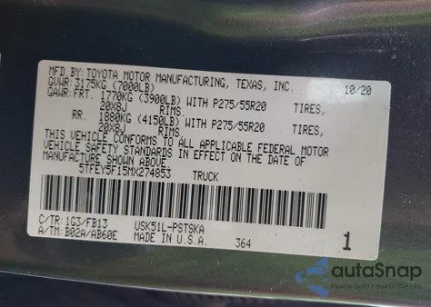 2021 Toyota Tundra Sr5 from USA, damaged, VIN 5TFEY5F15MX274853